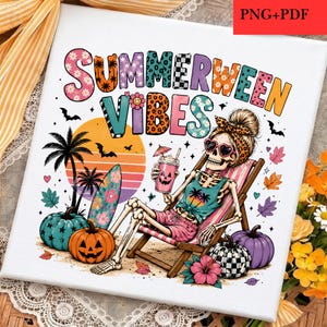 May include: A graphic design featuring the text SUMMERWEEN VIBES in colourful, patterned letters. A skeleton wearing heart-shaped sunglasses and a leopard print headband sits in a beach chair, holding a jack-o'-lantern cup near a surfboard.