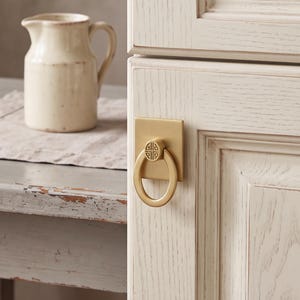 May include: A brushed gold cabinet pull featuring a rectangular backplate and a circular drop handle. The center of the handle attachment displays a geometric, symmetrical pattern. The hardware is mounted on a white, wood-grained cabinet door.