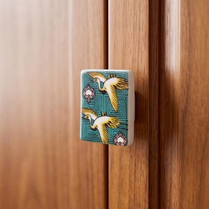Hand Painted Ceramic Cabinet Knob 40mm Japanese Motif Drawer Pull for Zen Kitchen