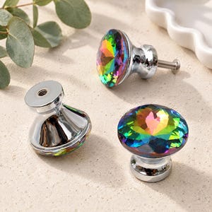 Iridescent Crystal Glass Drawer Knob 30mm Purple Floral Design Polished Alloy Base for Cozy Home Refresh