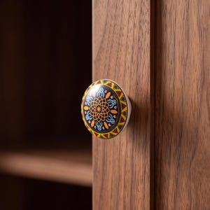 May include: A round ceramic cabinet knob featuring a detailed mandala-style pattern in shades of yellow, orange, blue, and black. The knob is mounted on a vertical wooden surface with a visible grain, showcasing a smooth, glossy finish.