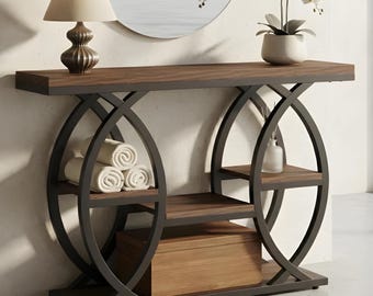 Industrial Console Table with 4-Tier Shelves – Vintage Entryway & Sofa Table