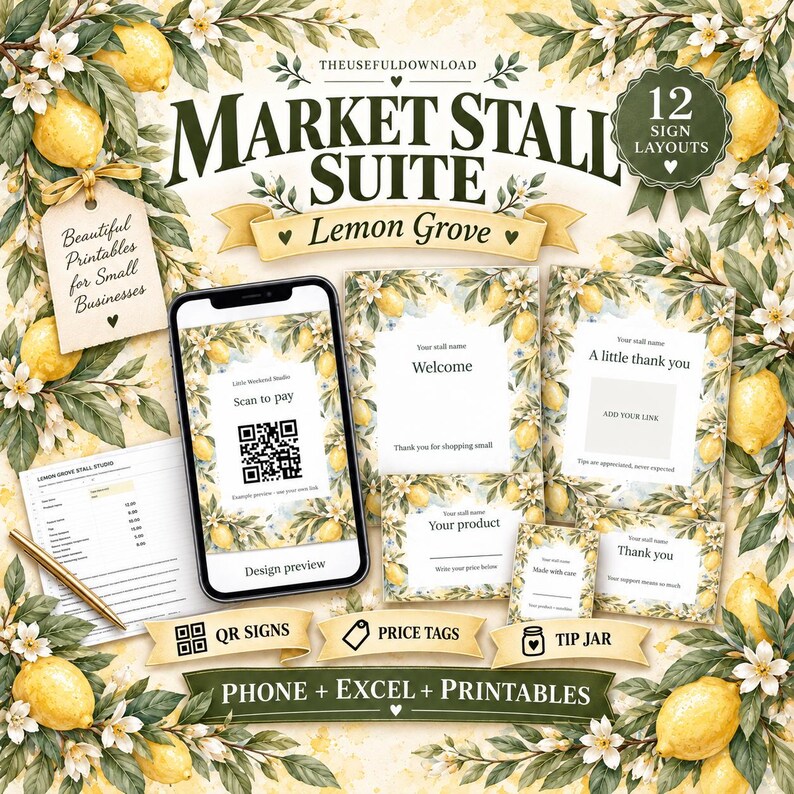 Lemon Grove Market Stall Bundle, QR Payment Signs, Price Tags, Tip Jar ...