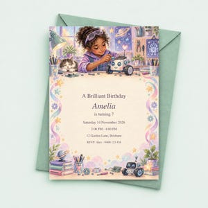 May include: A birthday invitation card featuring a watercolor illustration of a child building a robot at a desk with a cat, stars, and planets. The text reads: A Brilliant Birthday, Amelia is turning 7, Saturday 14 November 2026, 2:00 PM - 4:00 PM, 12 Garden Lane, Brisbane, RSVP: Alex - 0400 123 456.
