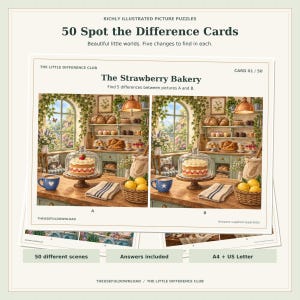 May include: A set of 50 spot the difference cards titled The Strawberry Bakery. Each card features two side-by-side illustrations of a bakery interior with a cake under a glass dome, a blue mug, and a basket of lemons. Text includes The Little Difference Club, Card 01/50, and The Useful Download.