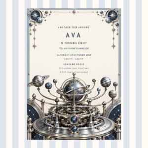 Chrome Orrery Birthday Invitation, Editable Canva Template, 5x7 Kids Party Invite, Digital Download