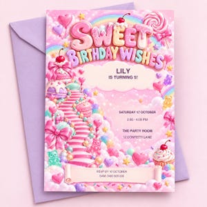 May include: A pink birthday invitation card featuring the text SWEET BIRTHDAY WISHES, LILY IS TURNING 5!, SATURDAY 17 OCTOBER, 2:00 - 4:00 PM, THE PARTY ROOM, 12 CONFETTI LANE, and RSVP BY 10 OCTOBER SAM: 0400 000 000 with candy, clouds, and bows.