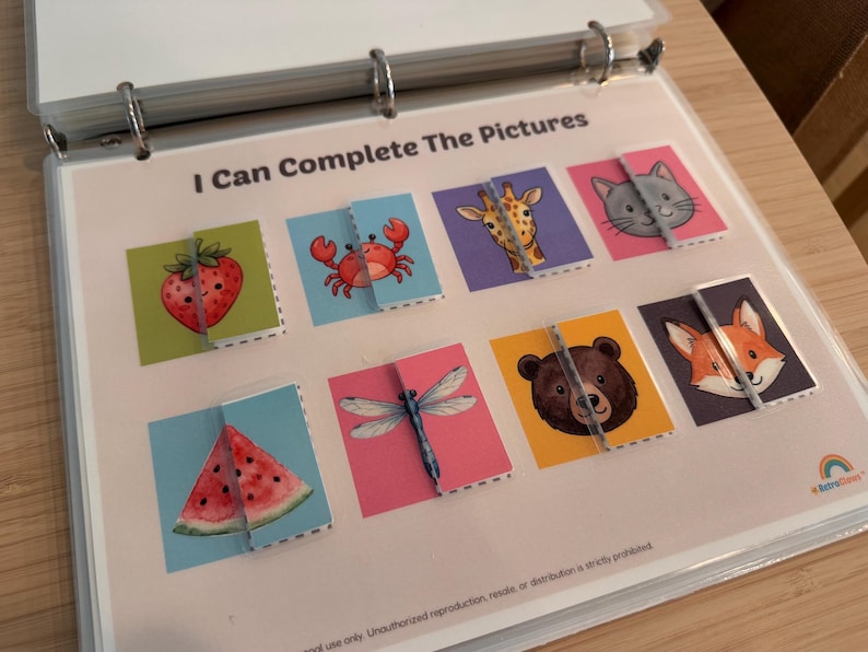 May include: A binder page titled I Can Complete The Pictures featuring eight square cards with illustrations of a strawberry, crab, giraffe, cat, watermelon slice, dragonfly, bear, and fox. Each card is split in half with a clear plastic strip.