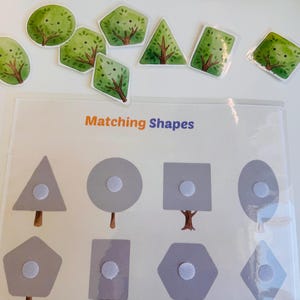 Laminated shape matching activity page laid out with various tree-shaped cutouts waiting to be matched by their geometric bases.