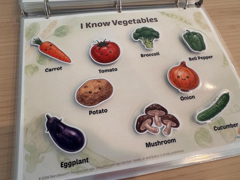 May include: A laminated educational sheet titled I Know Vegetables featuring cartoon illustrations of a carrot, tomato, broccoli, bell pepper, potato, onion, mushroom, and cucumber, each with a smiling face and its corresponding name printed below.