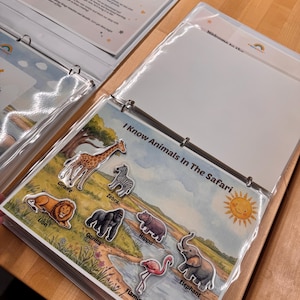May include: A three-ring binder containing educational activity pages. One page titled I Know Animals In The Safari features illustrations of a giraffe, zebra, lion, gorilla, hippo, flamingo, and elephant, with a smiling sun in the corner.