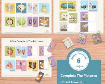 Toddler Montessori Busy Book, Preschool Learning, I Can Complete Pics, 3 Activities (Digital PDF)