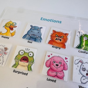 "Emotions" activity page for toddlers featuring various animal faces representing different feelings like happy, sad, angry, and surprised.