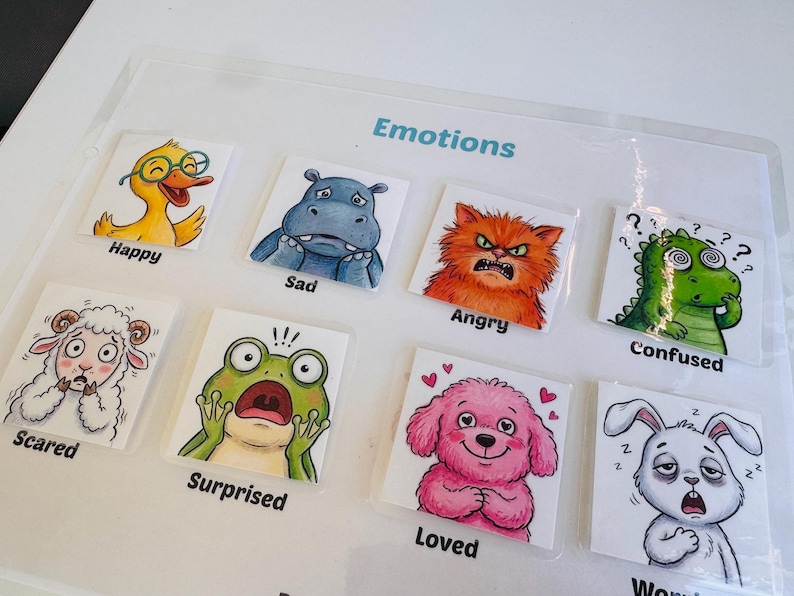 "Emotions" activity page for toddlers featuring various animal faces representing different feelings like happy, sad, angry, and surprised.