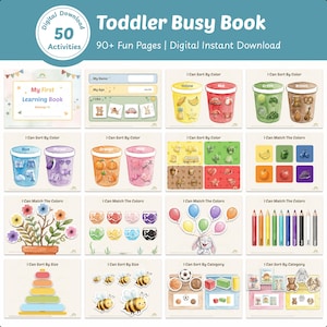 Toddler Learning Binder, Montessori Kids Busy Book, Preschool Activities, 90 Pages (Digital PDF Printable) image 1