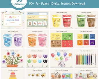 Toddler Learning Binder, Montessori Kids Busy Book, Preschool Activities, 90 Pages (Digital PDF Printable)
