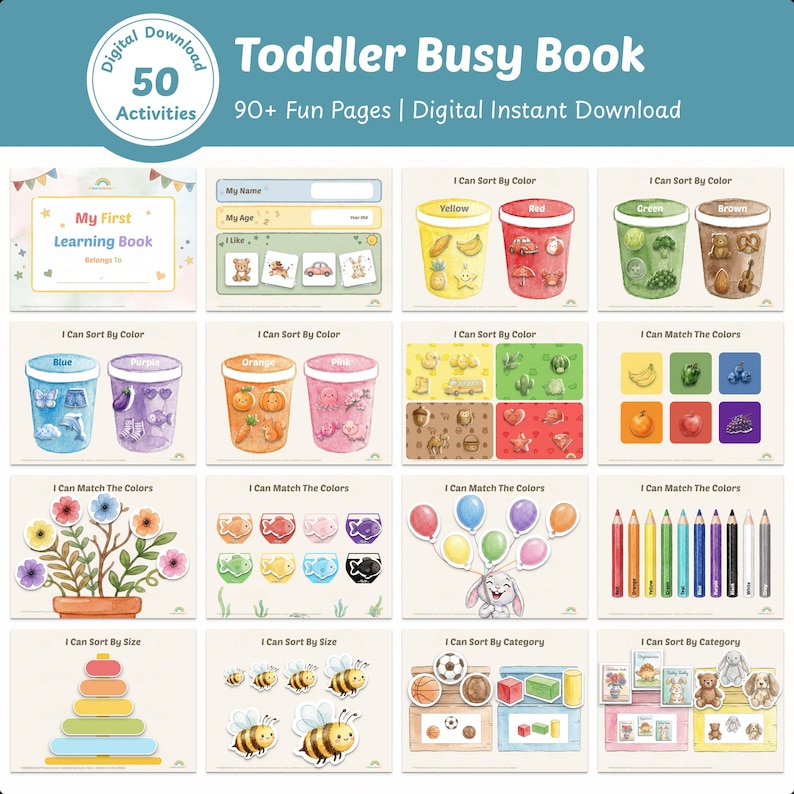 Toddler Learning Binder, Montessori Kids Busy Book, Preschool Activities, 90 Pages (Digital PDF Printable) image 1