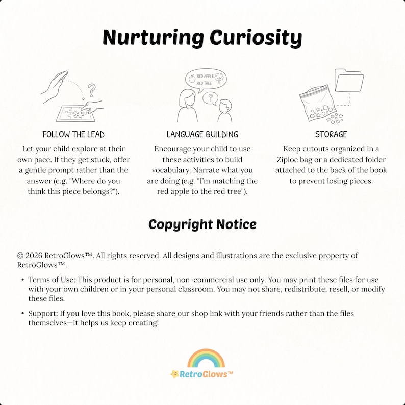 Informational page titled "Nurturing Curiosity" providing parents with tips on how to use the busy book to encourage learning and child autonomy.