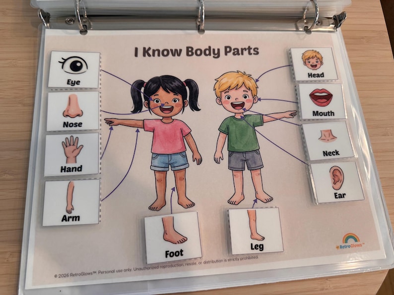 May include: An educational learning sheet titled I Know Body Parts featuring illustrations of two children with lines connecting to removable cards labeled Eye, Nose, Hand, Arm, Foot, Head, Mouth, Neck, Ear, and Leg, all encased in a plastic binder sleeve.