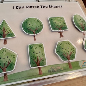 May include: A laminated educational activity sheet titled I Can Match The Shapes featuring seven green tree illustrations in various geometric forms including a triangle, circle, square, oval, pentagon, rectangle, hexagon, and diamond, each with a smiling face.