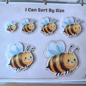 May include: A learning activity sheet titled I Can Sort By Size featuring six cartoon bee illustrations of varying sizes. Each bee has yellow and brown stripes, light blue wings, and a smiling face. The sheet includes the text 2026 RetroGlows.