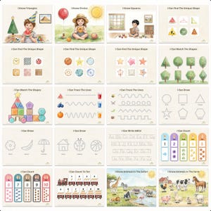 A preview collage showing diverse activity pages from the busy book including shape tracing, animal matching, and color sorting.