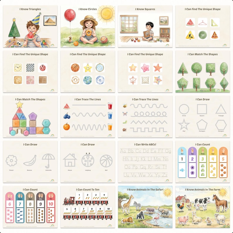 A preview collage showing diverse activity pages from the busy book including shape tracing, animal matching, and color sorting.
