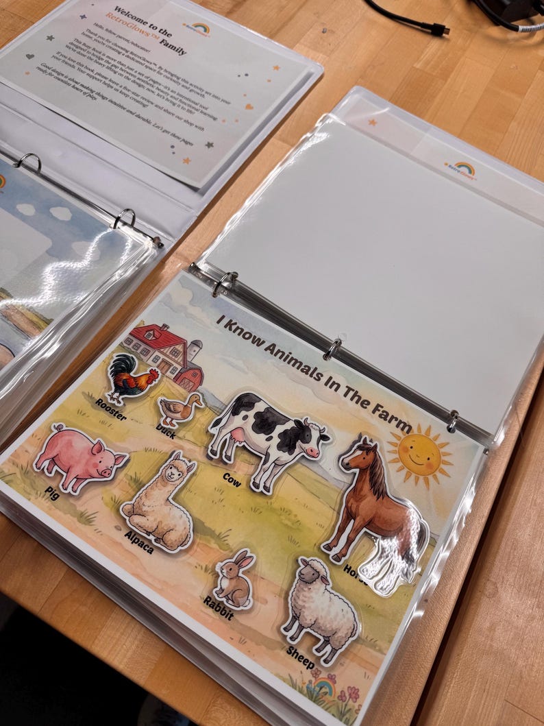 May include: A three-ring binder containing educational activity pages. One page titled I Know Animals In The Farm features illustrations of a rooster, duck, pig, alpaca, cow, rabbit, horse, and sheep, along with a smiling sun graphic.