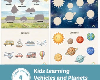 Montessori-activiteitenboek voor peuters, leermiddel voor kleuters, voertuigen en planeten (digitale PDF-printbare versie)