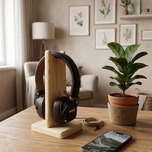 Soporte para auriculares de madera de pino hecho a mano, accesorio de escritorio minimalista, regalo para gamers