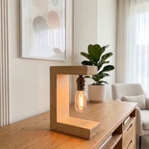 Handmade Solid Pine C-Shape Table Lamp | Minimalist Wooden Desk Light with Edison Bulb
