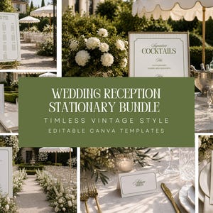 May include: A wedding reception stationery bundle featuring white cardstock with black borders and serif typography. The set includes a seating chart, a signature cocktails sign, a guestbook sign, a welcome sign, place cards, and a menu card.
