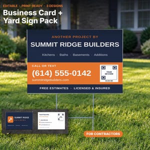 May include: A rectangular yard sign and two business cards for Summit Ridge Builders. The sign features a dark blue and orange color scheme with the text "Another Project By Summit Ridge Builders," phone number, website, and a QR code.
