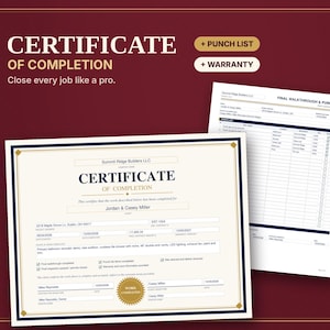 Op de afbeelding: Een certificaat van voltooiing en een document voor een eindinspectie en takenlijst. Het certificaat bevat tekst zoals Summit Ridge Builders LLC, Jordan en Casey Miller en een gouden Work Completed-zegel. De achtergrond is donkerrood.