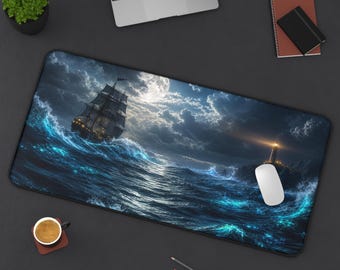 Moonlit Schiff am Meer Schreibtischmatte | Schreibtischunterlage
