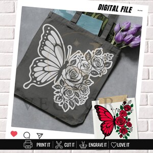 May include: A dark gray tote bag featuring a large white graphic of a butterfly with wings composed of roses. A smaller rectangular print shows the same butterfly design in red and green. The text DIGITAL FILE is visible at the top right.