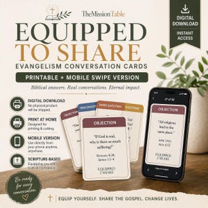 May include: A set of evangelism conversation cards titled EQUIPPED TO SHARE, featuring printed cards with headers like OBJECTION, MISCONCEPTION, HARD QUESTION, and DOCTRINE, alongside a smartphone displaying a digital version of the same card content.