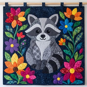 Raccoon Quilt Pattern, Raw Edge Fusible Applique, Animal Quilt Pattern PDF, Patchwork Wall Hanging, Folk Art Quilt Template image 6