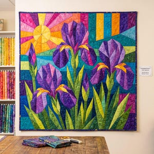 Iris Quilt Pattern, Raw Edge Fusible Applique, Flower Quilt Pattern PDF, Folk Art Wall Hanging, Patchwork Garden Quilt Template image 2