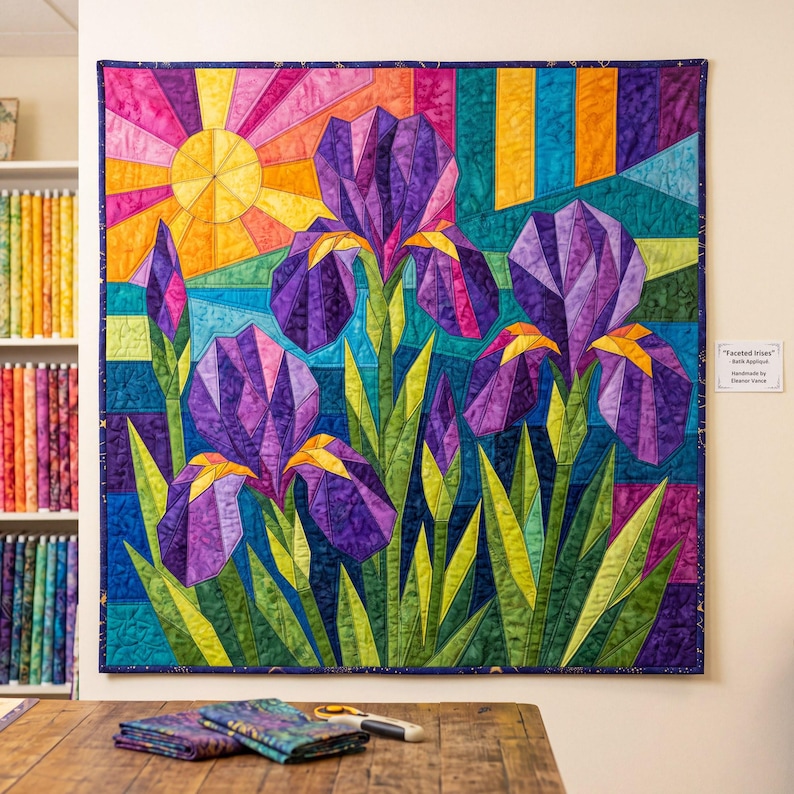 Iris Quilt Pattern, Raw Edge Fusible Applique, Flower Quilt Pattern PDF, Folk Art Wall Hanging, Patchwork Garden Quilt Template image 2