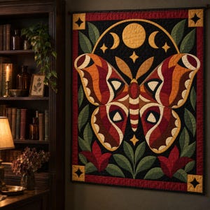 Atlas Moth Quilt Pattern, Applique & Collage Quilt PDF, Moon Phase Quilt Pattern, Folk Art Wall Hanging, Botanical Patchwork Template image 2