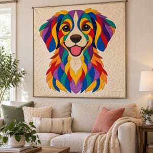 Patrón de edredón de perro Rainbow Retriever, edredón con apliques y collage, patrón de edredón de animales en PDF, tapiz de pared de patchwork, plantilla de perro de arte popular imagen 12