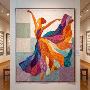 May include: A large rectangular wall quilt featuring a stylized figure of a dancer in motion. The figure is composed of numerous fabric patches in vibrant shades of orange, purple, blue, and yellow, set against a background of quilted white squares.