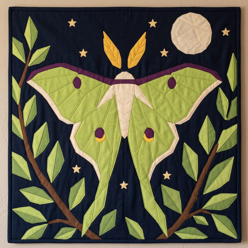Luna Moth Quilt Pattern, Moth Wall Hanging Quilt Pattern PDF, Applique Quilt Pattern, Raw Edge Fusible Applique image 1