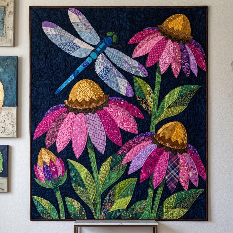 Mönster med trollslända- och solhattblommigt quiltmönster, applikations- och collagequilt i PDF-format, quiltmönster med blommigt djurmönster, applikation med råa kanter och smältbara mönster bild 1