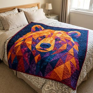 Patrón de edredón de oso, aplique termoadhesivo geométrico con borde sin rematar, patrón de edredón de animales en PDF, tapiz de pared de patchwork, plantilla de edredón de arte popular imagen 9