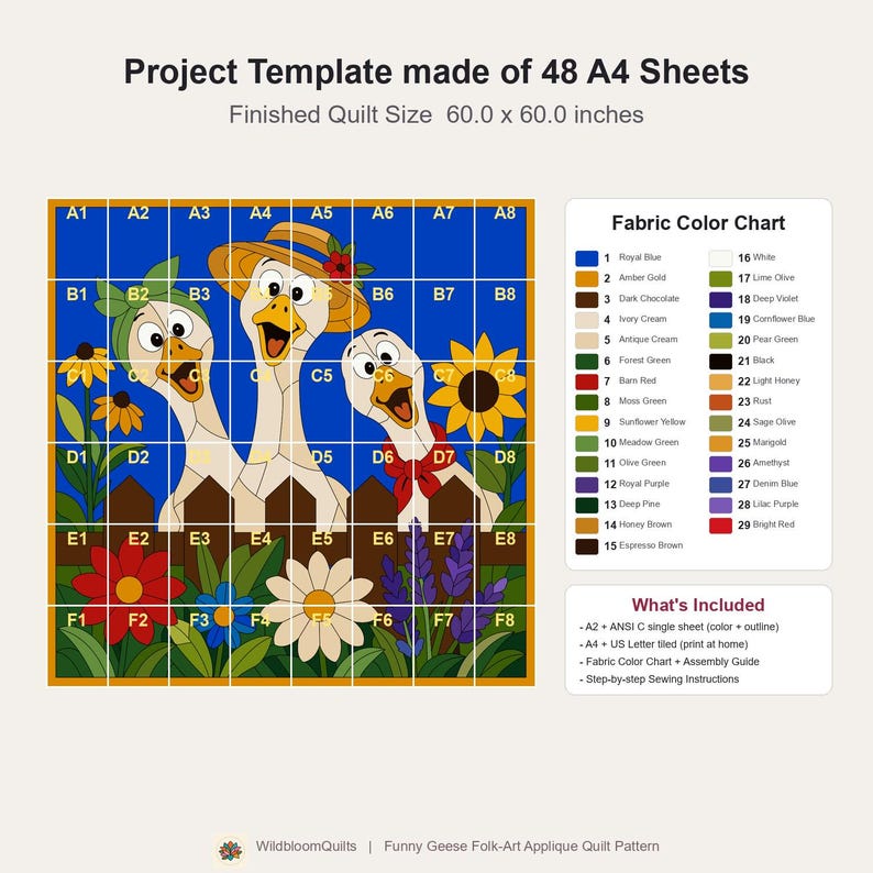 Funny Geese Quilt Pattern, Raw Edge Fusible Applique, Animal Quilt Pattern PDF, Patchwork Wall Hanging, Folk Art Quilt Template image 15