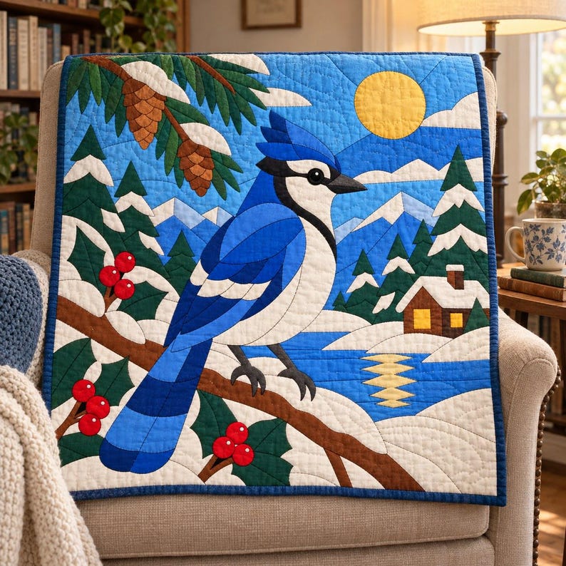 Blue Jay Quilt Pattern, Applique & Collage Quilt, Winter Bird Quilt Pattern PDF, Patchwork Wall Hanging, Folk Art Quilt Template image 6