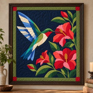 Patrón de colcha de colibrí, colcha de apliques y collage, patrón de colcha de pájaros en PDF, tapiz de pared de hibisco, plantilla de colcha de arte popular imagen 2