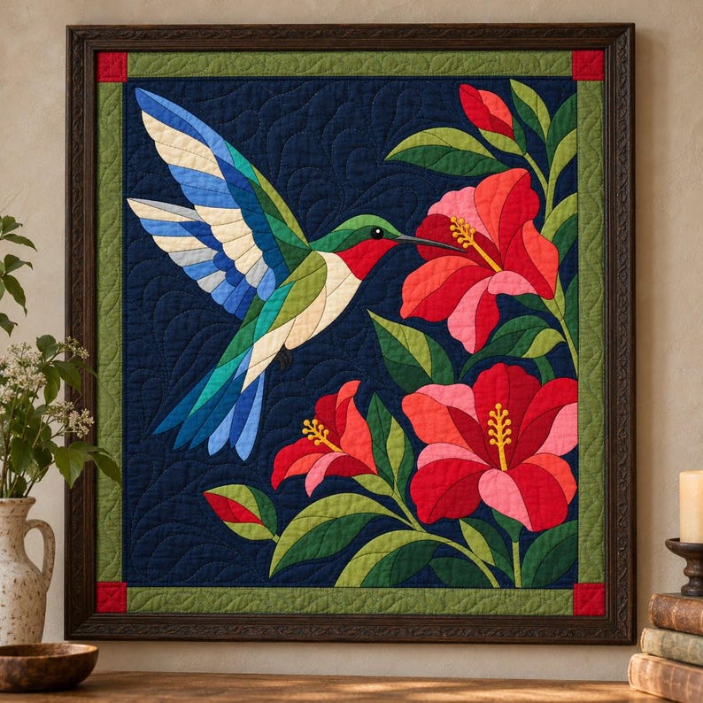 Patrón de colcha de colibrí, colcha de apliques y collage, patrón de colcha de pájaros en PDF, tapiz de pared de hibisco, plantilla de colcha de arte popular imagen 2